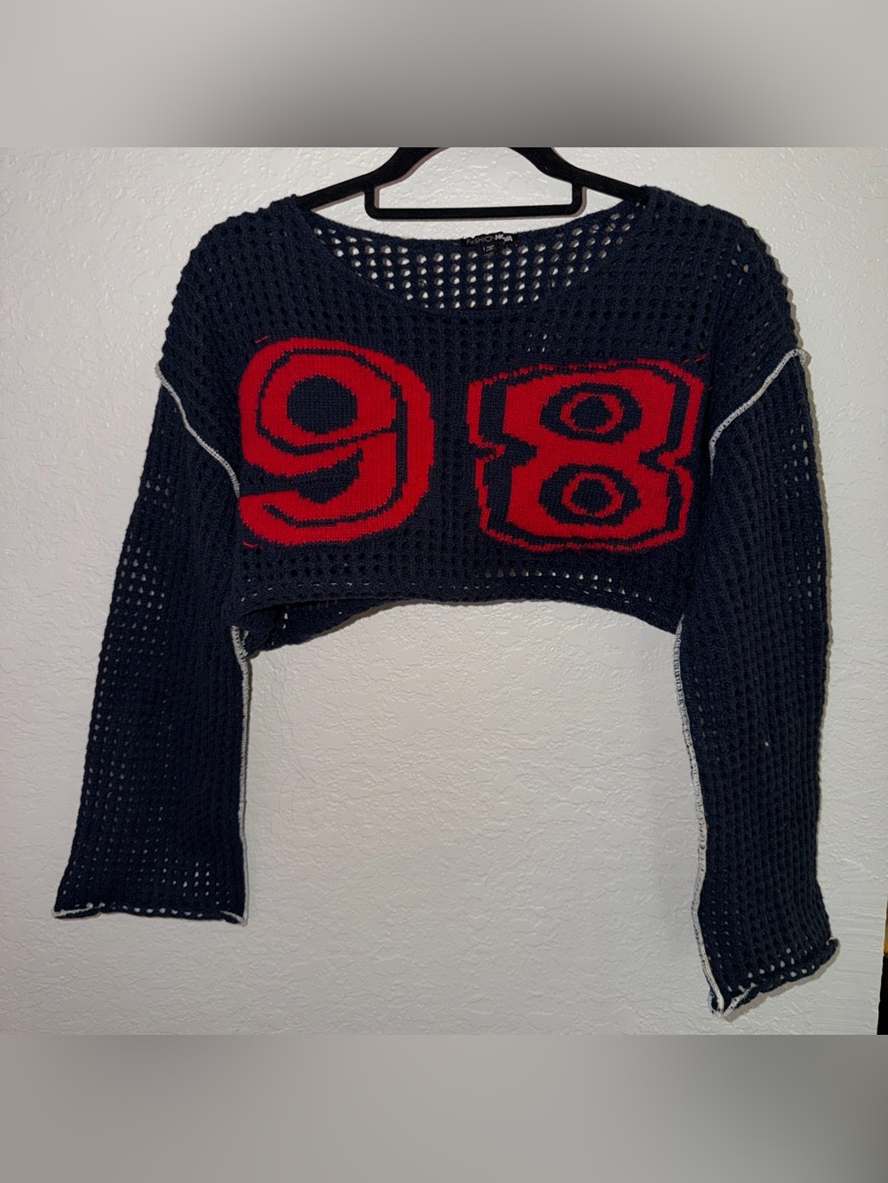 Navy Cropped Knit Sweater with Red '98' Graphic